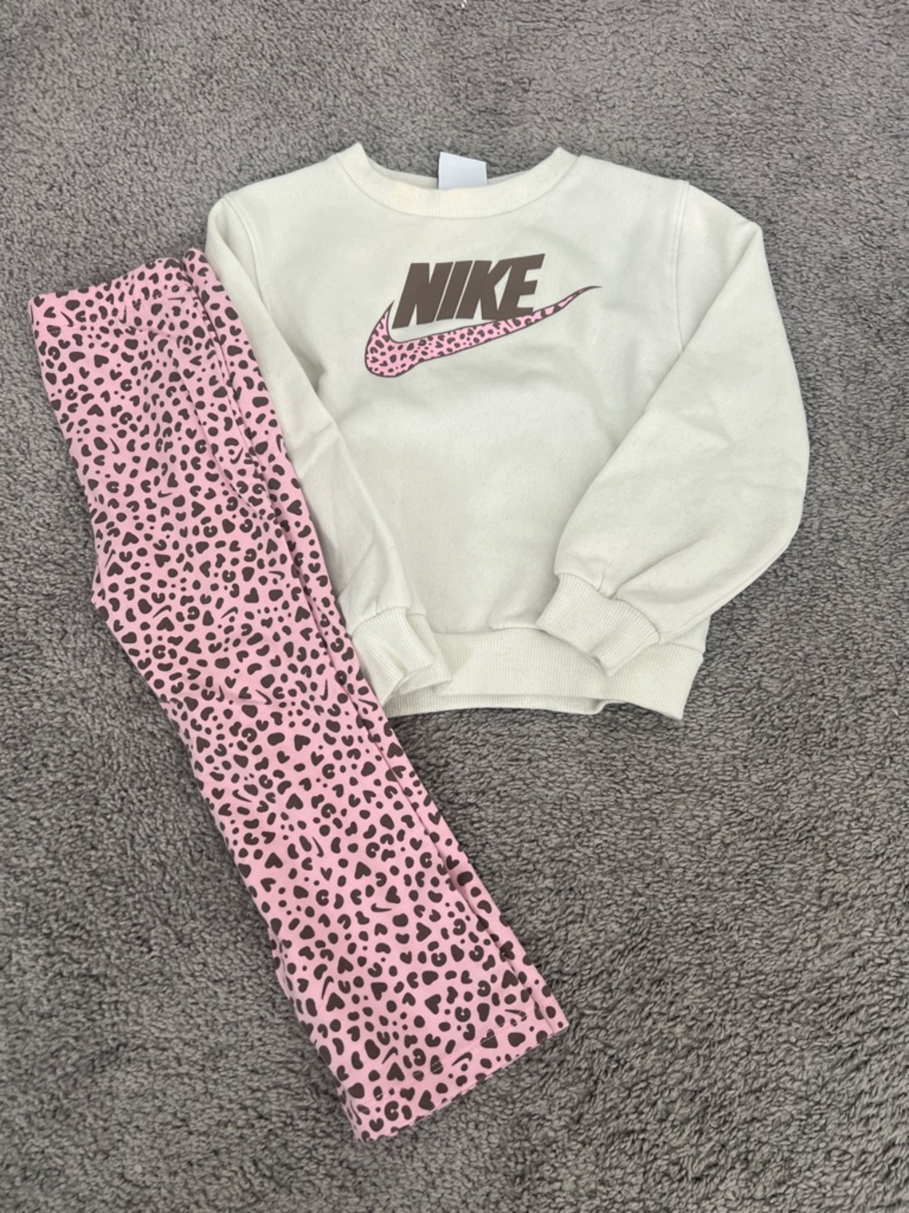 Nike Cream Pullover with Pink Leopard Swoosh and Pink Leopard Leggings